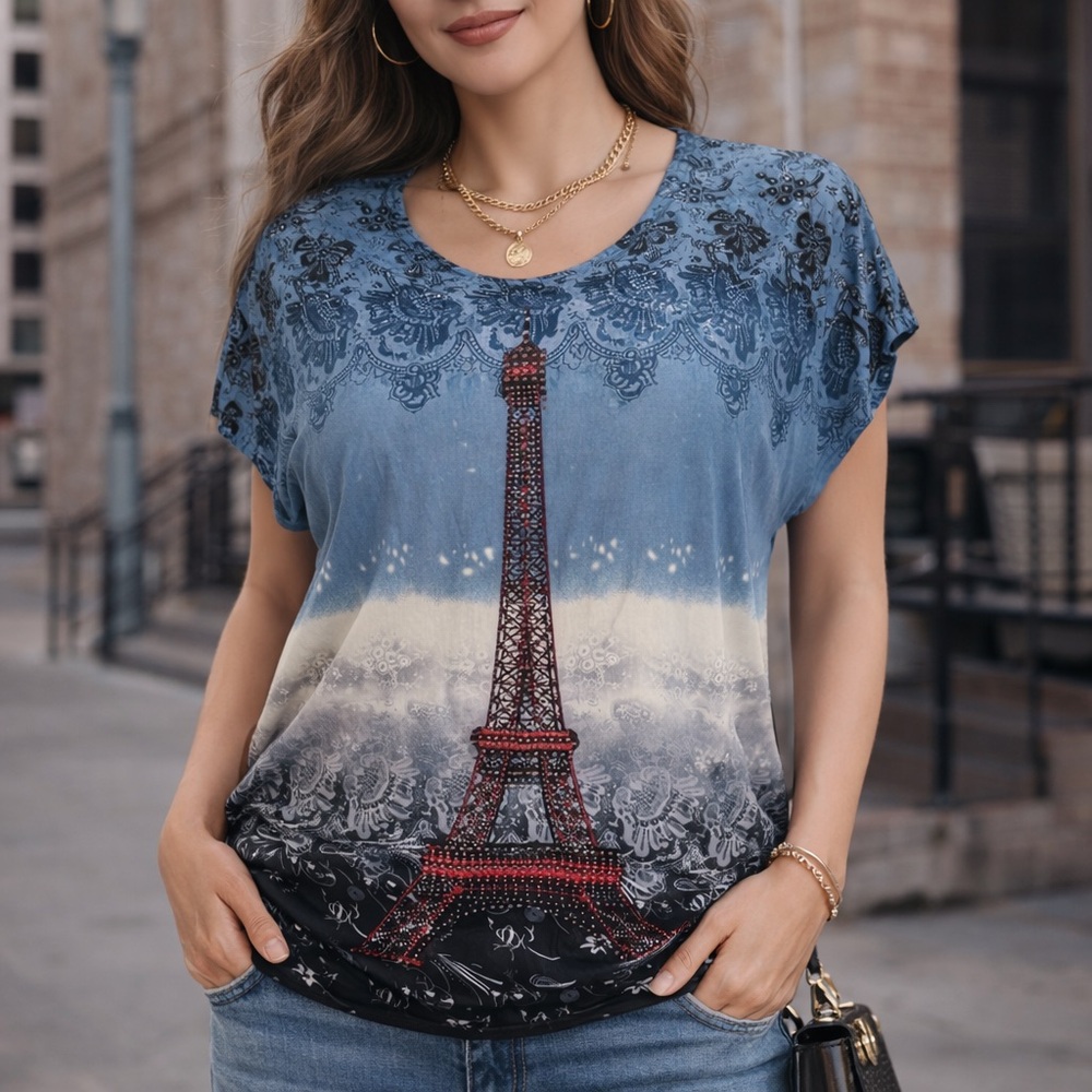 Aroni Embellished Paris Slinky Tunic Top Multicolor Short Sleeve Stretchy XL